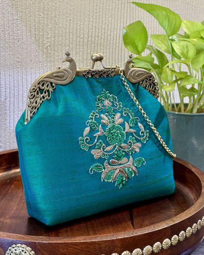 Peacock Framed Hand-Embroidered bag- SEA GREEN.