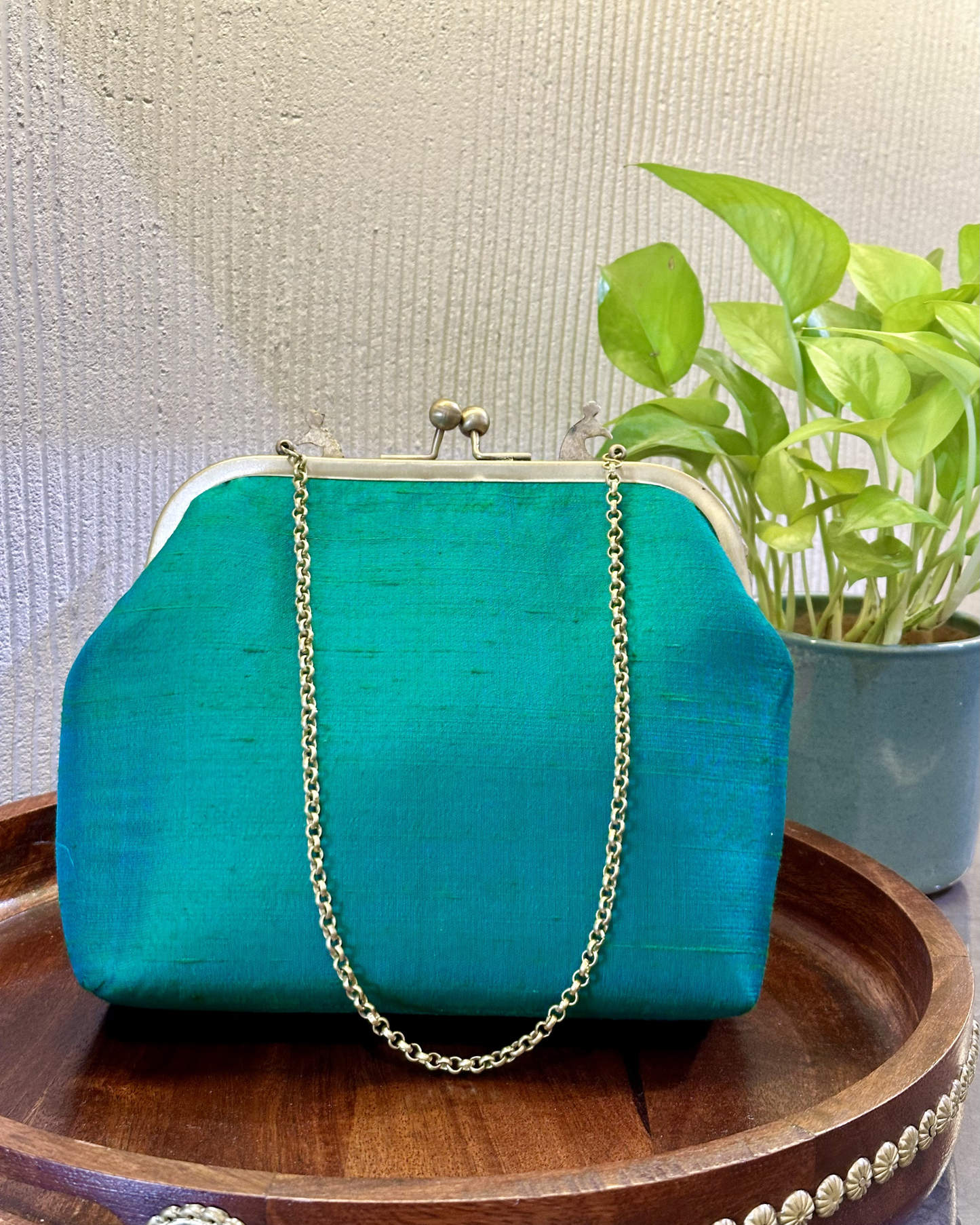 Peacock Framed Hand-Embroidered bag- SEA GREEN.