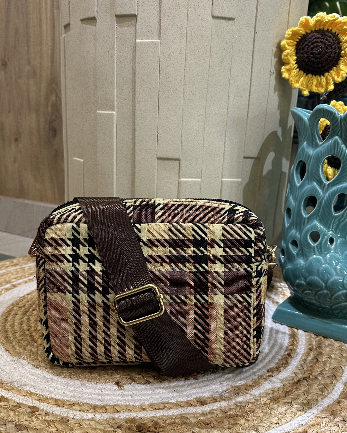 Brown Checkered Crossbody