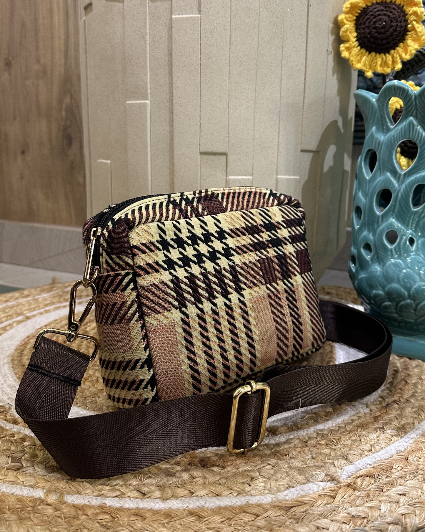 Brown Checkered Crossbody