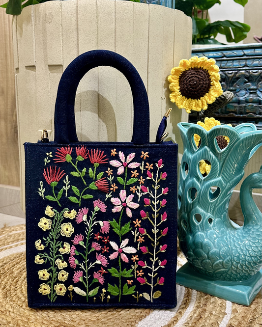 Hand-embroidered Floral Mini Tote-blue