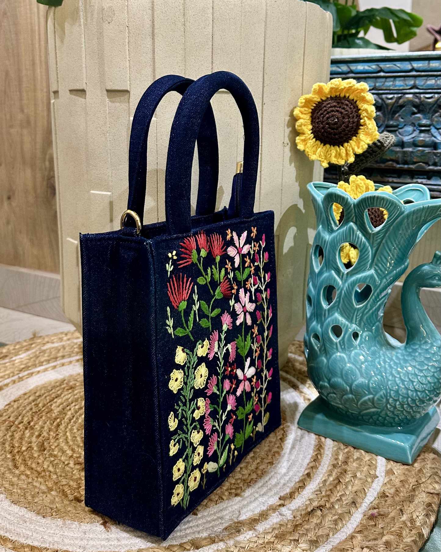 Hand-embroidered Floral Mini Tote-blue