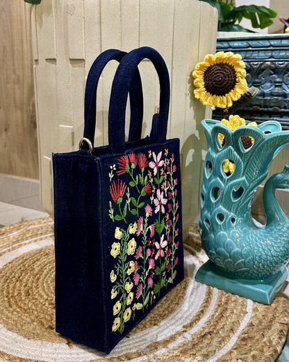 Hand-embroidered Floral Mini Tote-blue