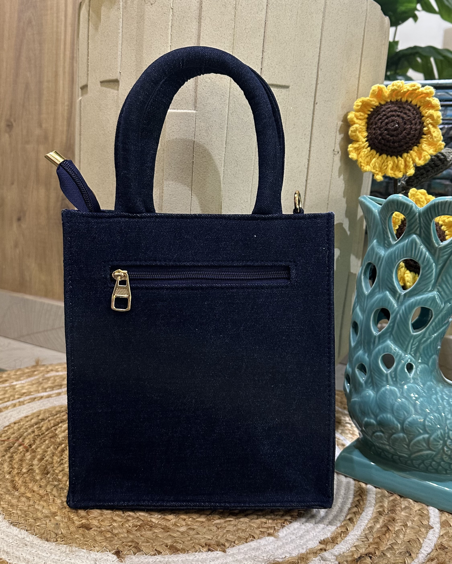 Hand-embroidered Floral Mini Tote-blue