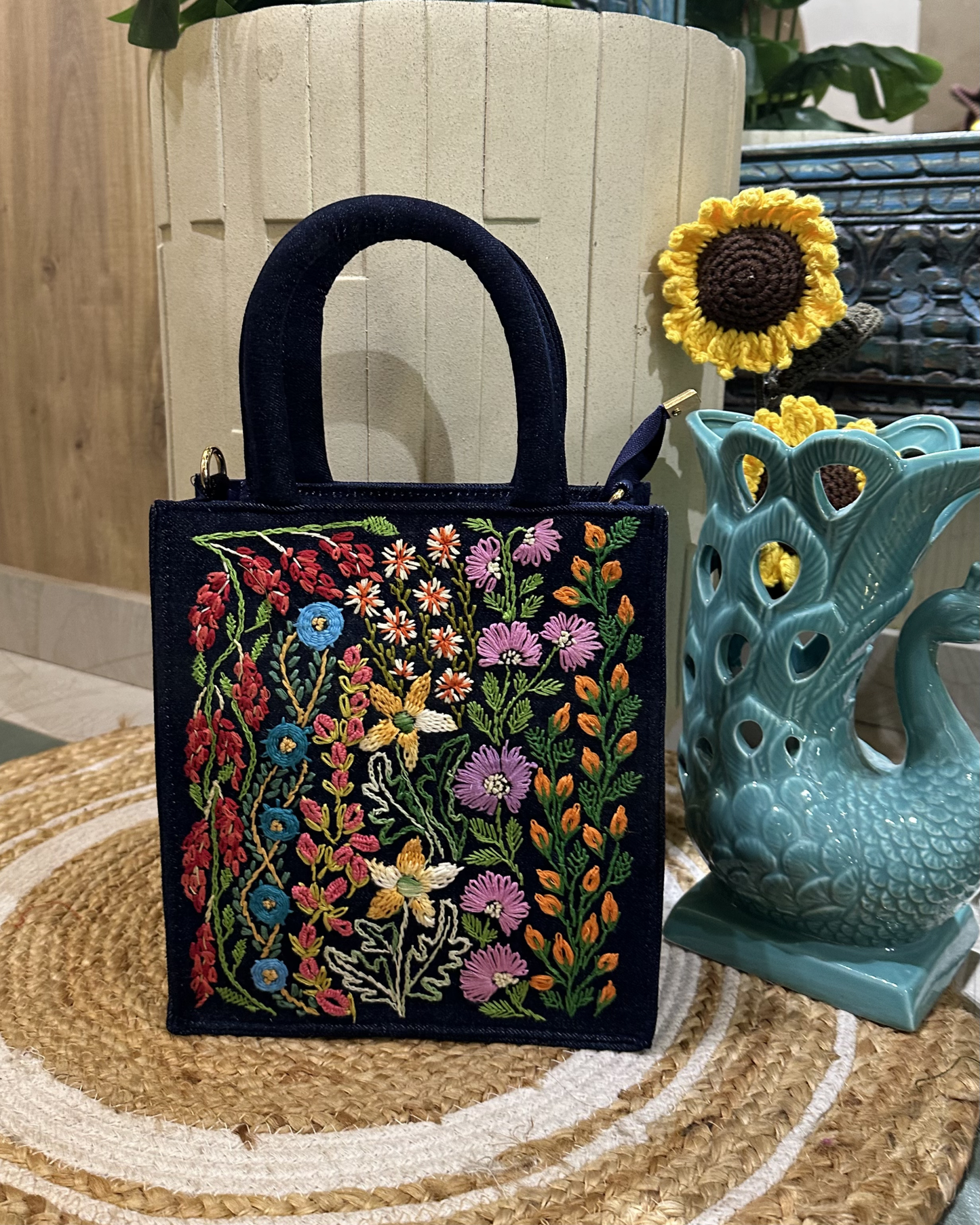 Hand-embroidered Floral Denim Tote-blue