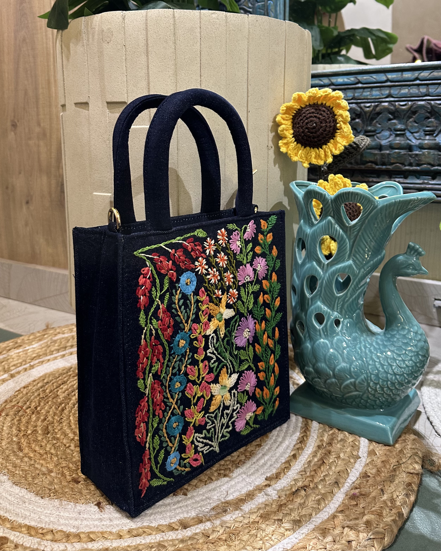 Hand-embroidered Floral Denim Tote-blue