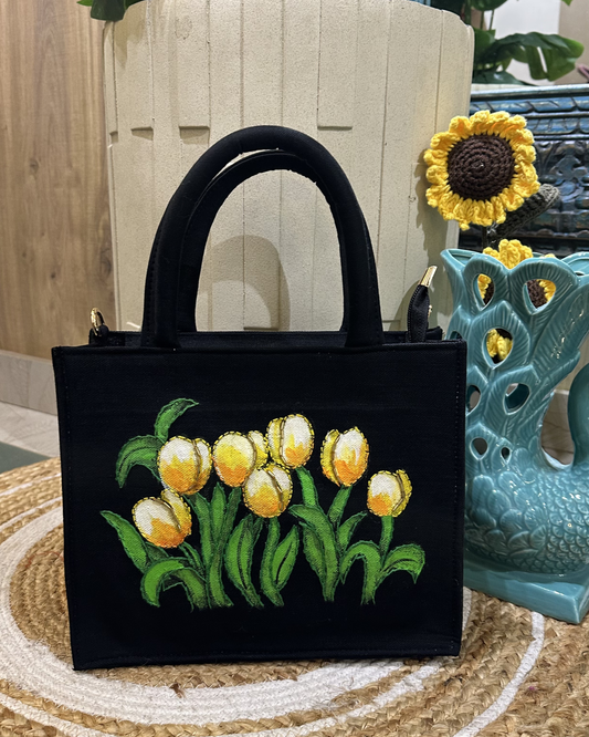 Hand-work Yellow Tulip Denim Tote