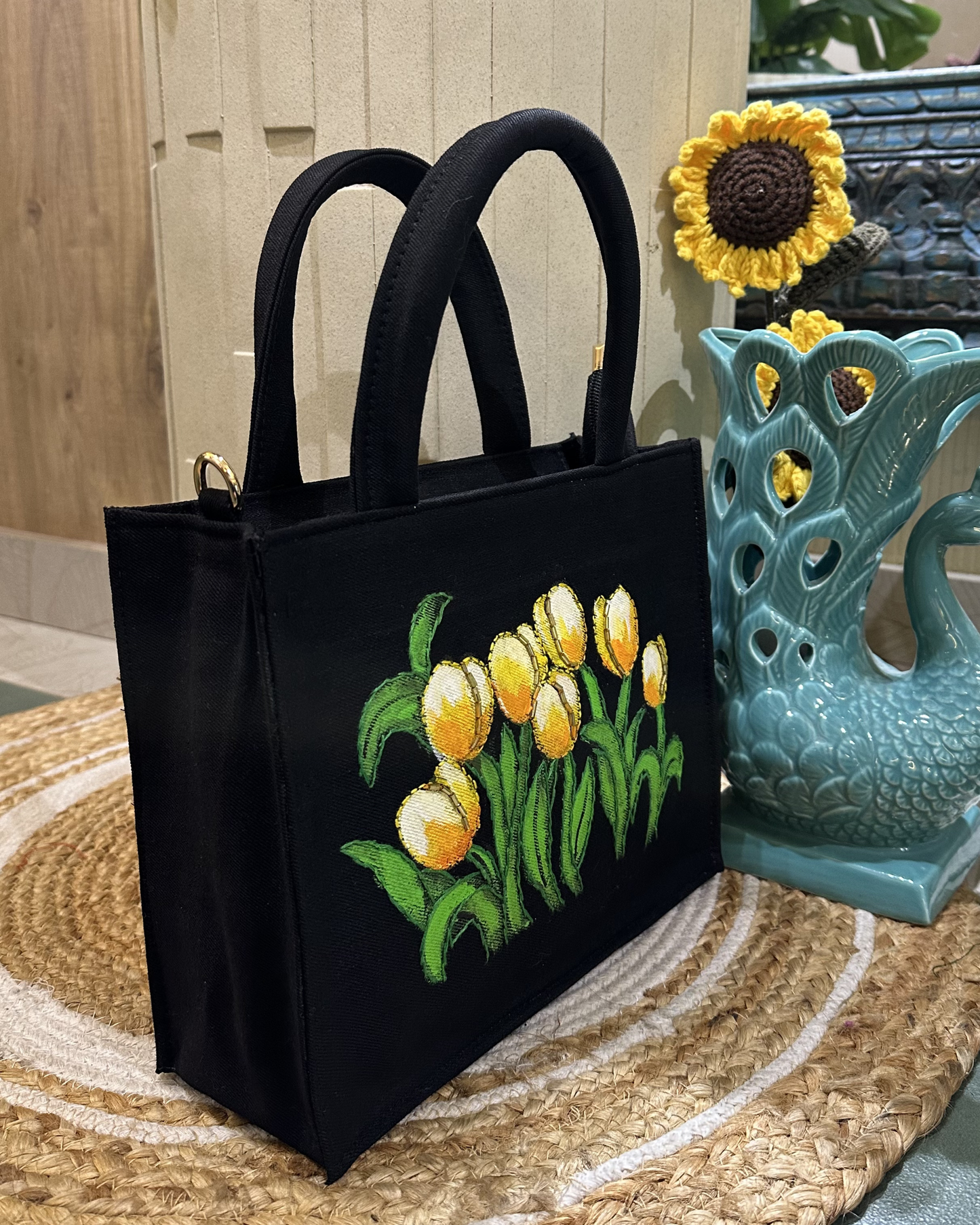 Hand-work Yellow Tulip Denim Tote