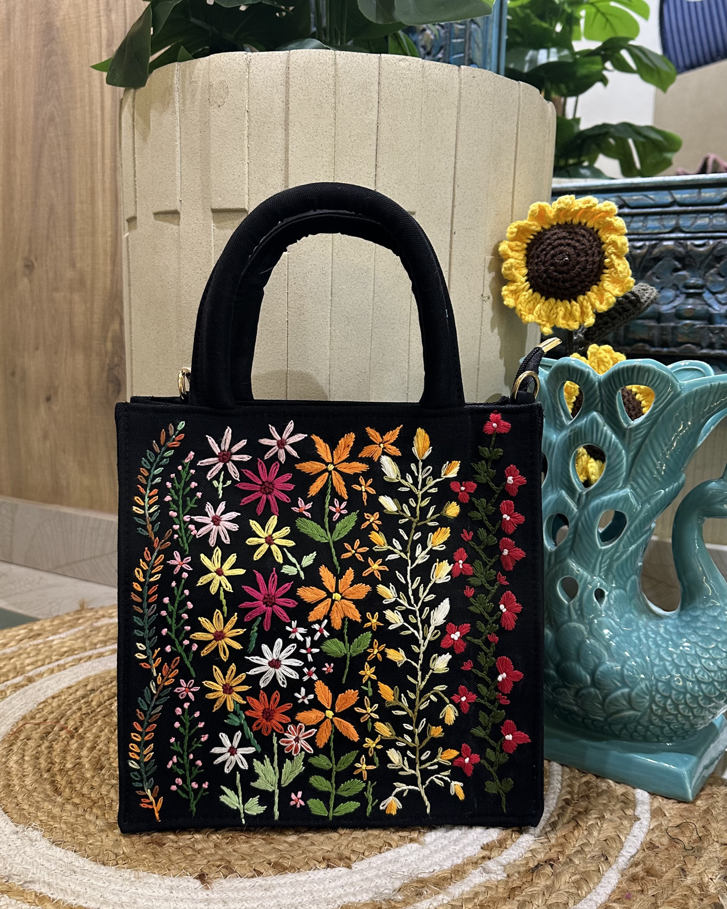 Hand-embroidered Floral Mini Tote-black