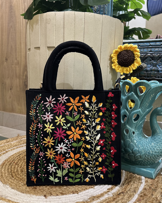 Hand-embroidered Floral Mini Tote-black