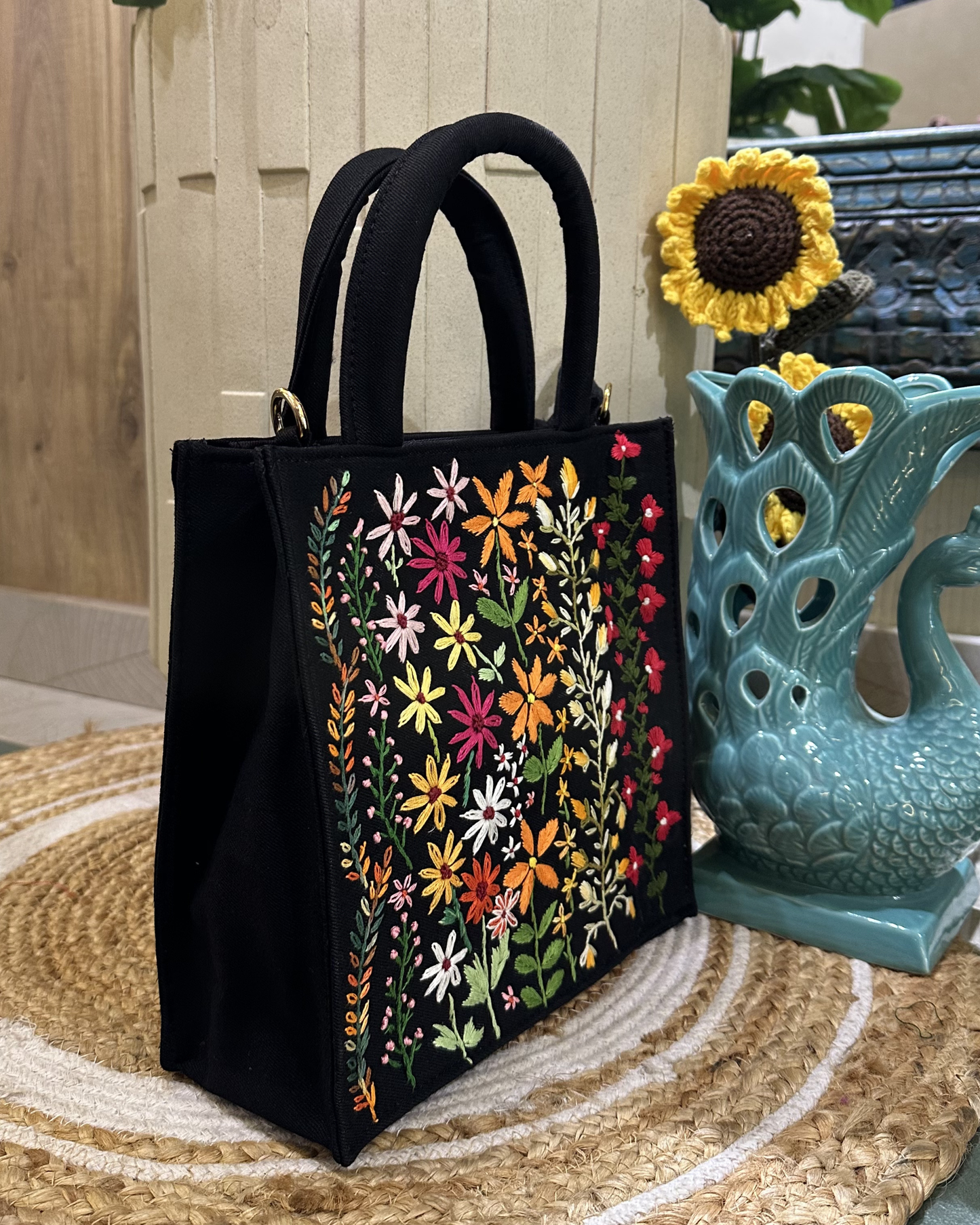 Hand-embroidered Floral Mini Tote-black