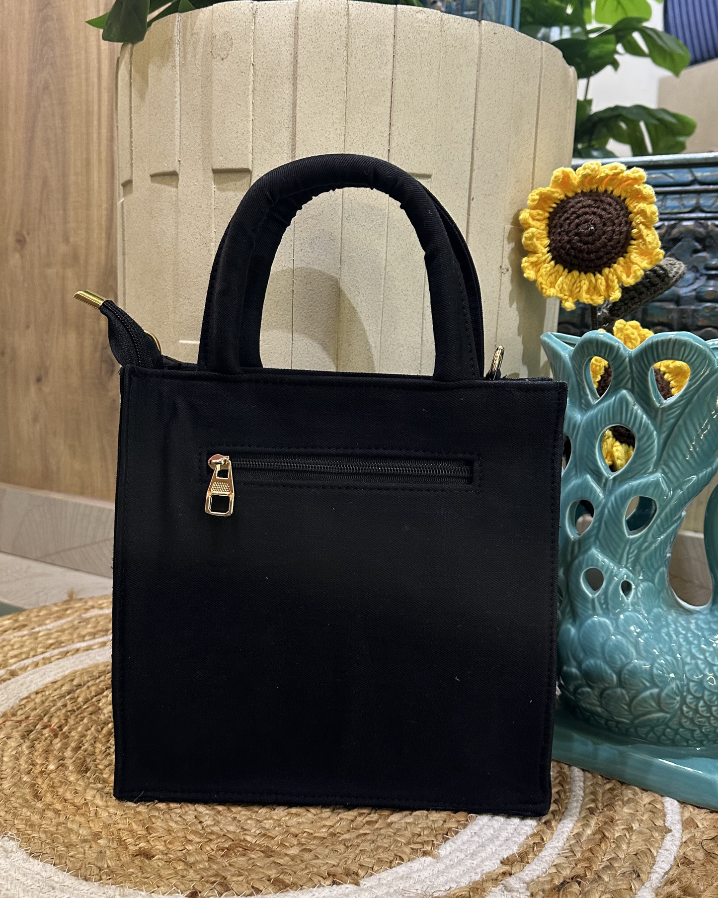 Hand-embroidered Floral Mini Tote-black