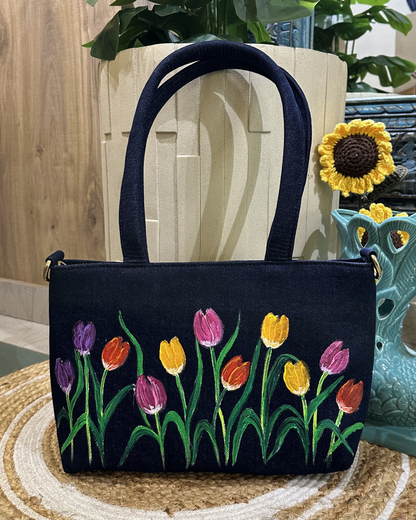 Handpainted Tulips Denim Bag