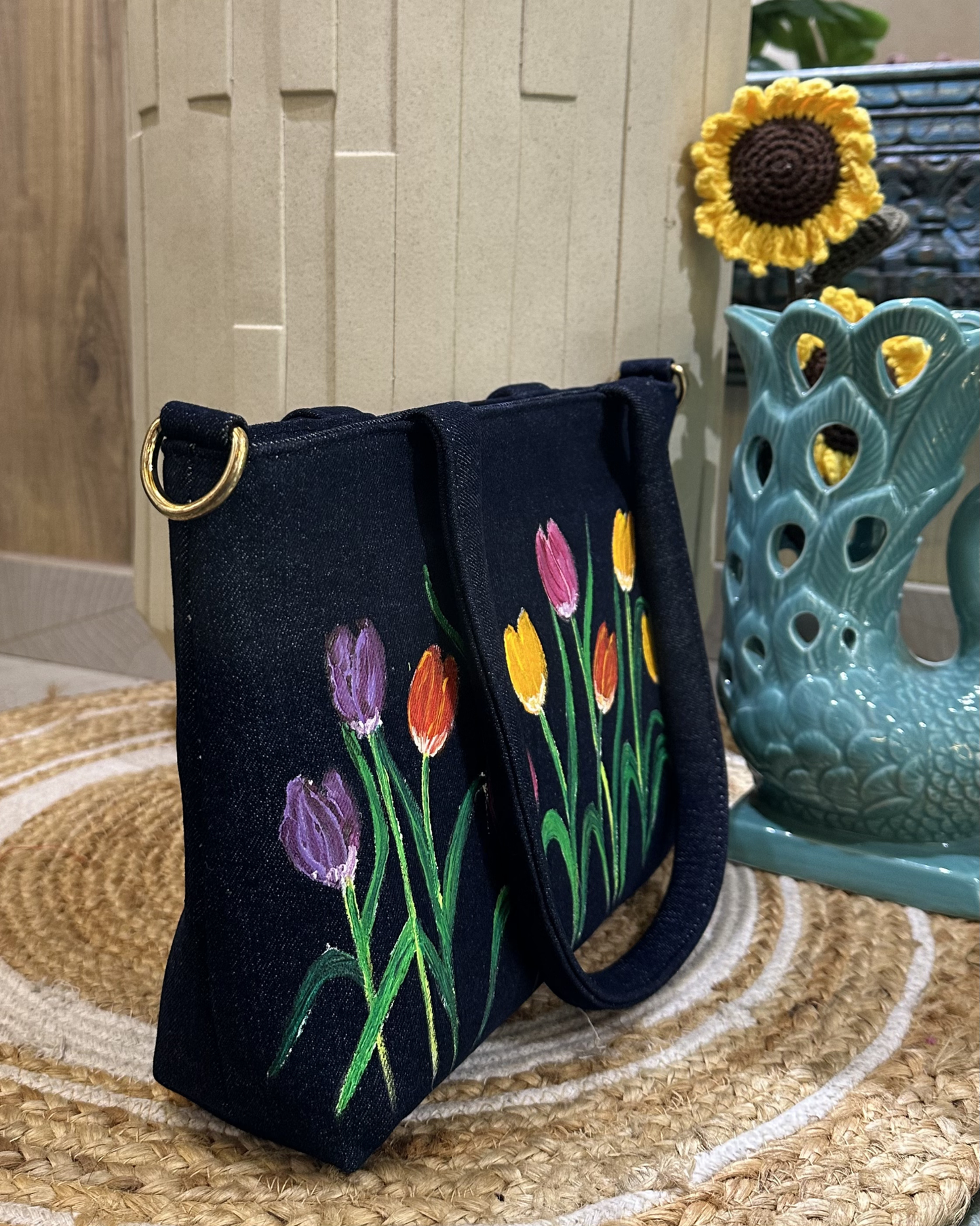 Handpainted Tulips Denim Bag