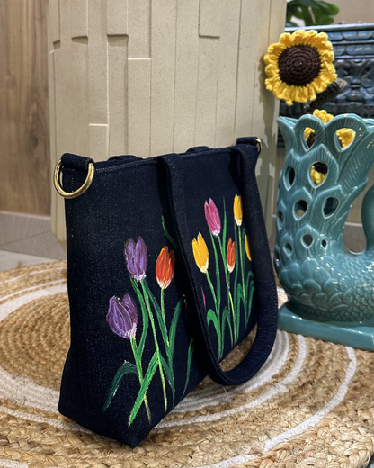 Handpainted Tulips Denim Bag