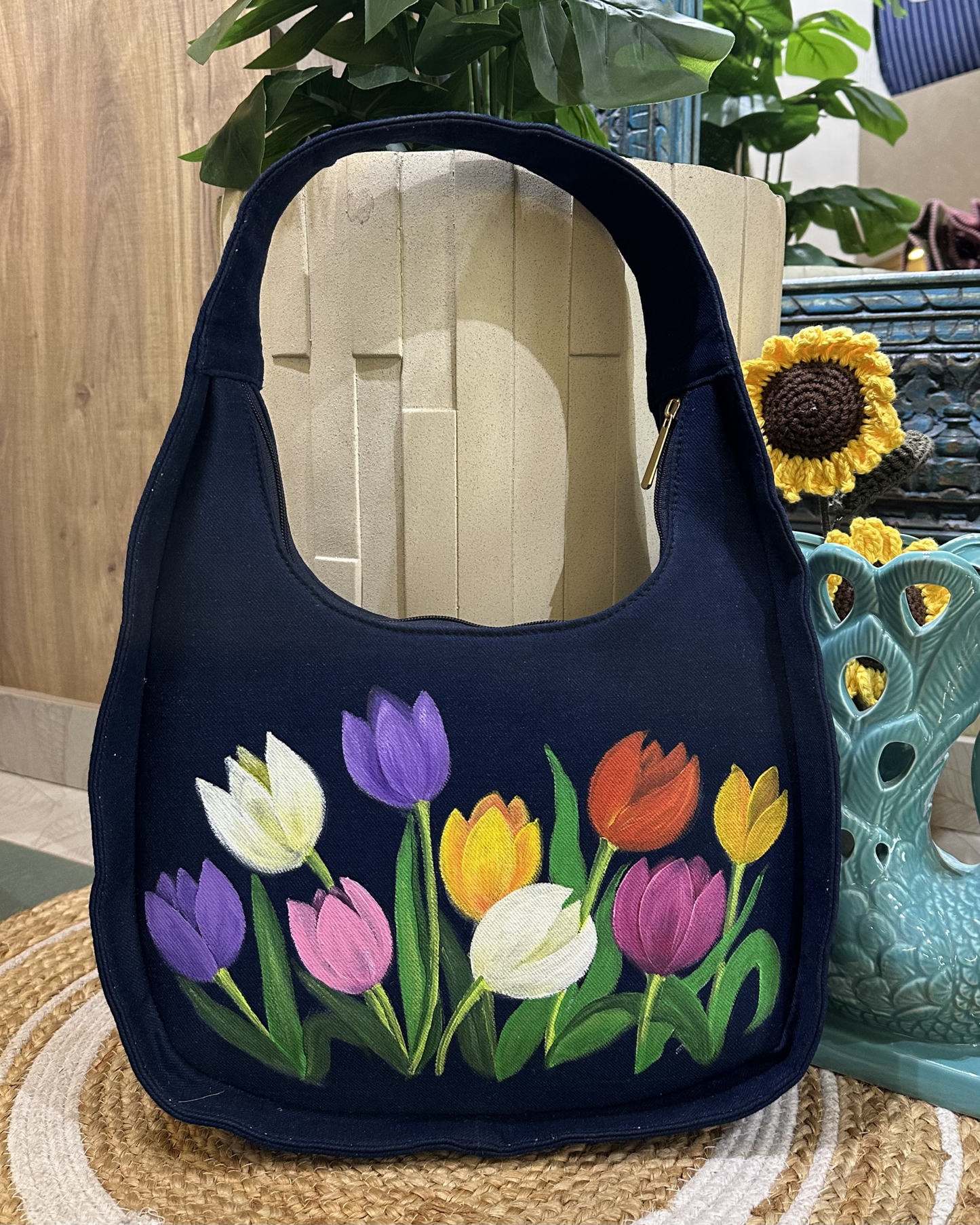 Hand-painted Tulip Moon Bag