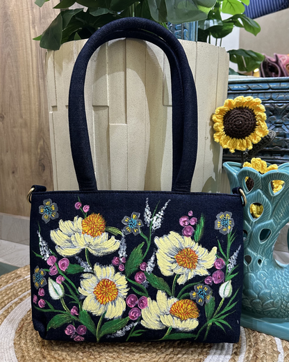 Hand-painted Floral Denim Bag