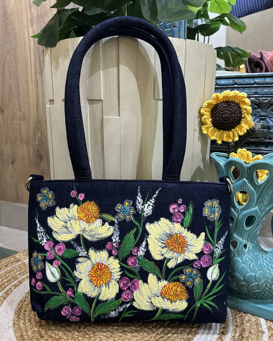 Hand-painted Floral Denim Bag