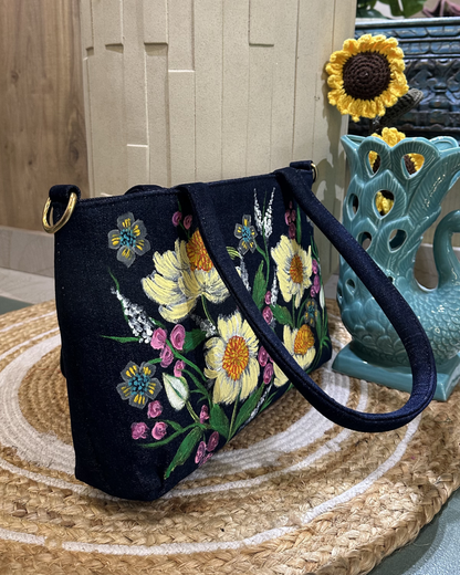 Hand-painted Floral Denim Bag